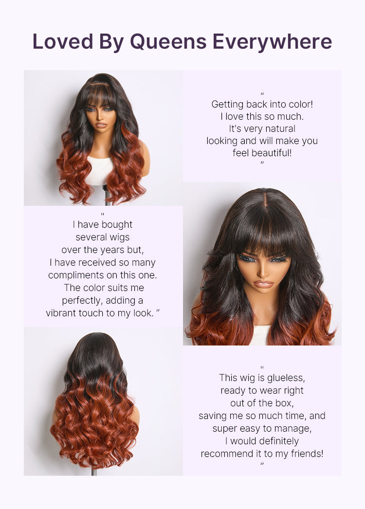 Ombre Reddish Brown Loose Wave Glueless 5x5 Closure Lace Wig with Bangs Pre-Cut Lace-13