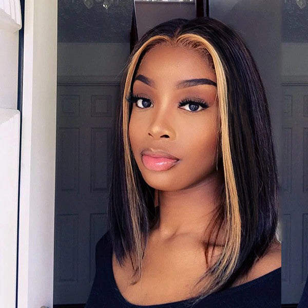 Luvme Stylish Skunk Highlight 2x6 Closure Lace Bob Wig with 100% human hair, featuring a natural hairstyle and colorful highlights.