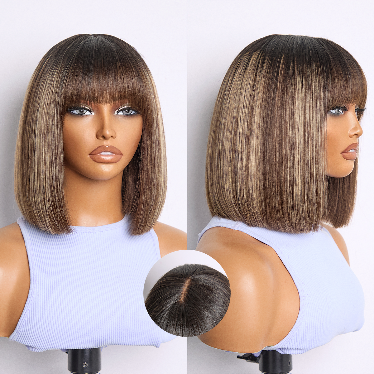Beginner Friendly Honey Blonde Highlight Yaki Blunt Cut Bob Glueless Minimalist Lace Bob Wig with Bangs-01