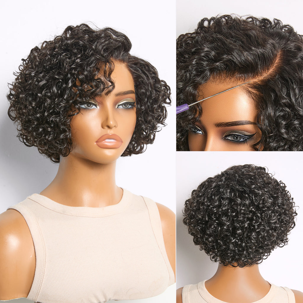 Water wave pixie bob glueless short curly wig