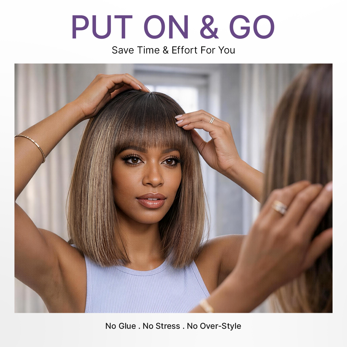 Beginner Friendly Honey Blonde Highlight Yaki Blunt Cut Bob Glueless Minimalist Lace Bob Wig with Bangs-03