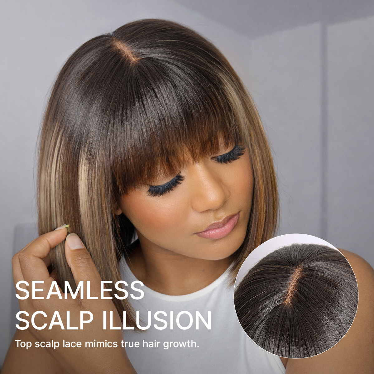 Beginner Friendly Honey Blonde Highlight Yaki Blunt Cut Bob Glueless Minimalist Lace Bob Wig with Bangs-04