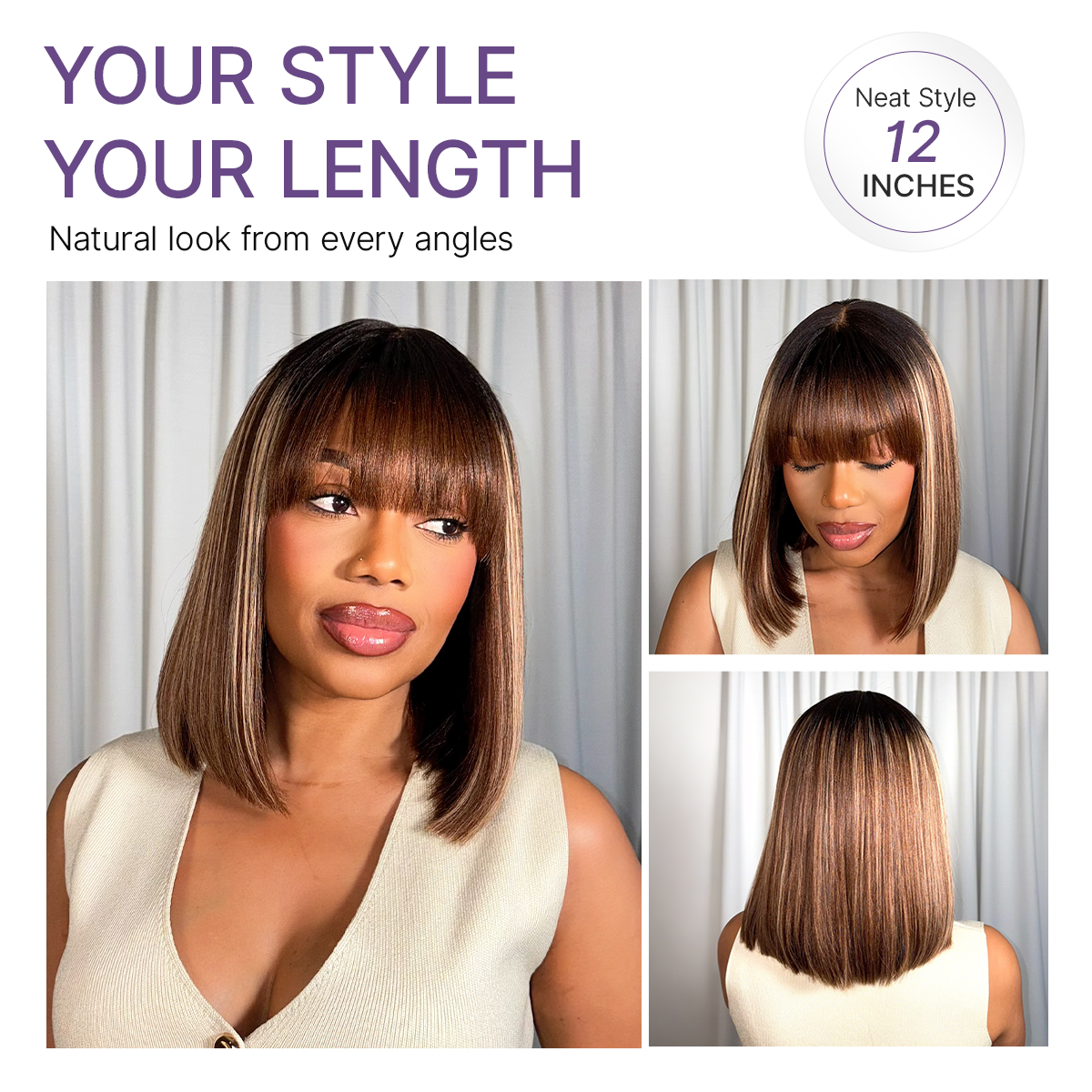 Beginner Friendly Honey Blonde Highlight Yaki Blunt Cut Bob Glueless Minimalist Lace Bob Wig with Bangs-06