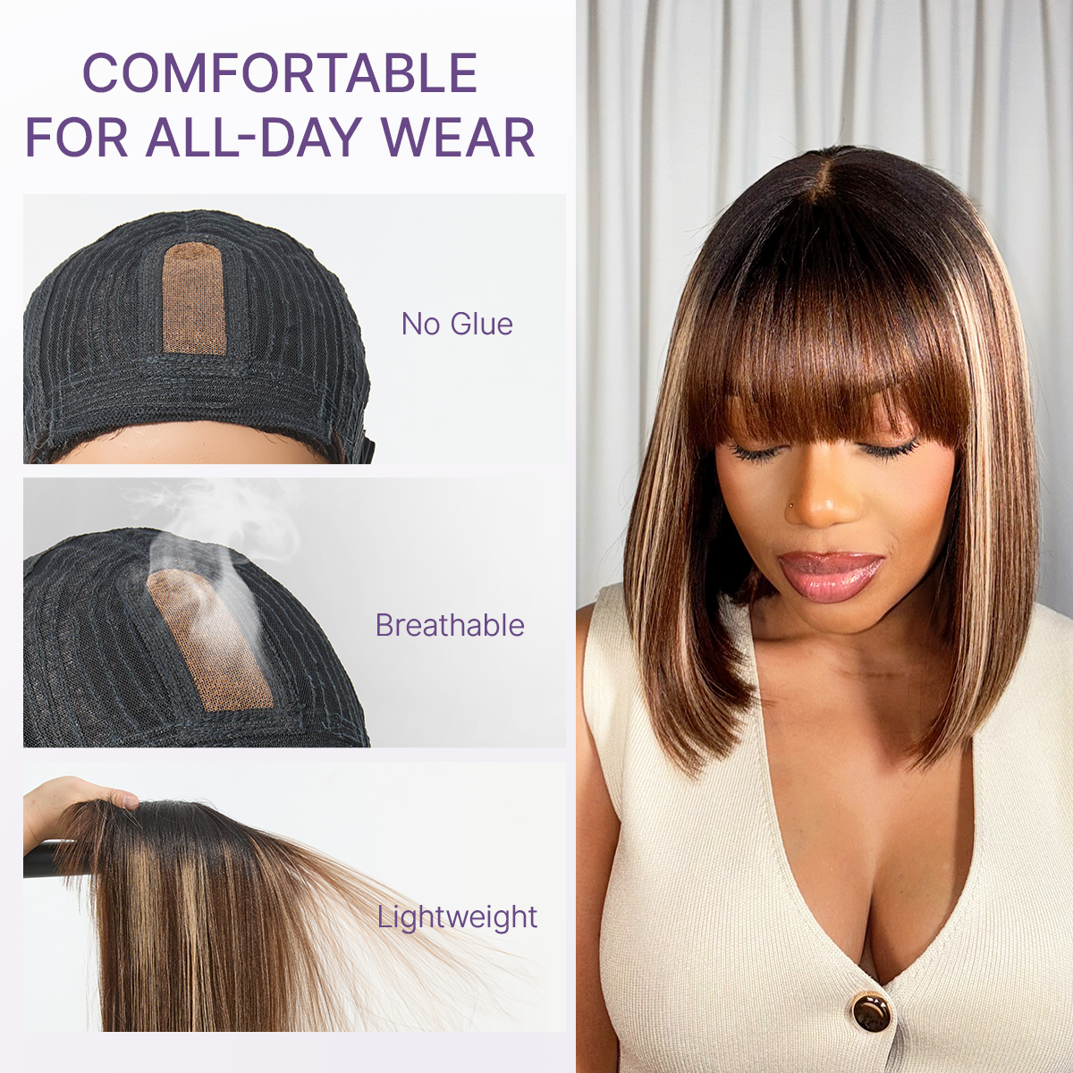 Honey blonde highlight Yaki blunt cut bob wig with bangs by Luvme Hair, glueless, minimalist lace, beginner-friendly easy wear.