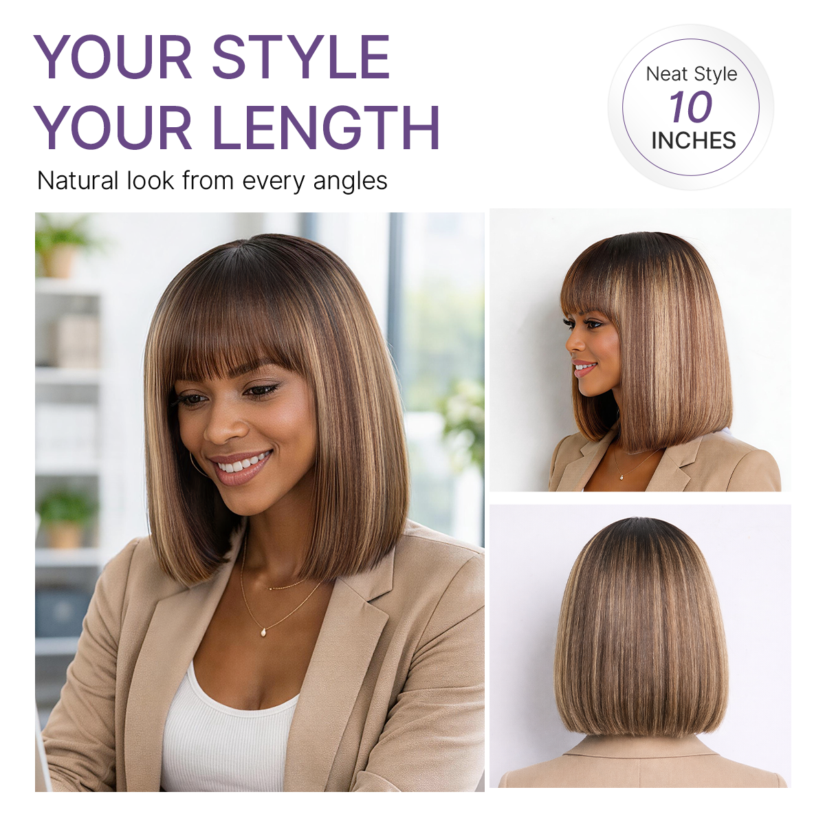 Beginner Friendly Honey Blonde Highlight Yaki Blunt Cut Bob Glueless Minimalist Lace Bob Wig with Bangs-05