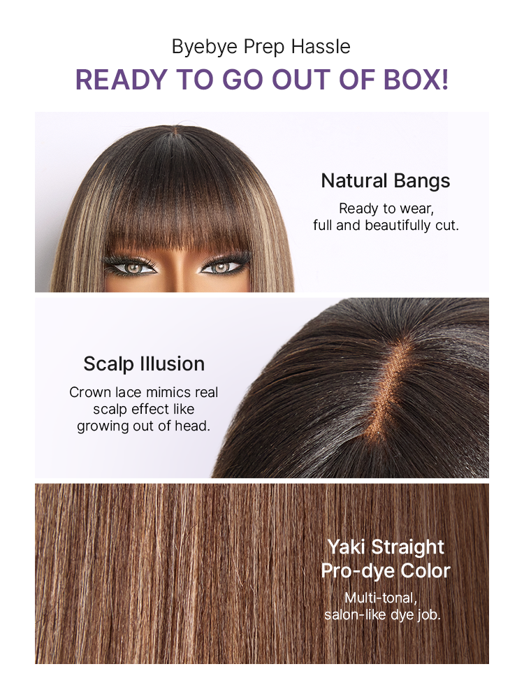 Beginner Friendly Honey Blonde Highlight Yaki Blunt Cut Bob Glueless Minimalist Lace Bob Wig with Bangs-16