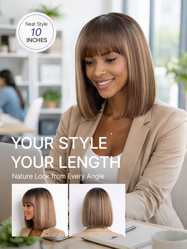 Special Add-On | Beginner Friendly Honey Blonde Highlight Yaki Blunt Cut Bob Glueless Minimalist Lace Bob Wig with Bangs-16