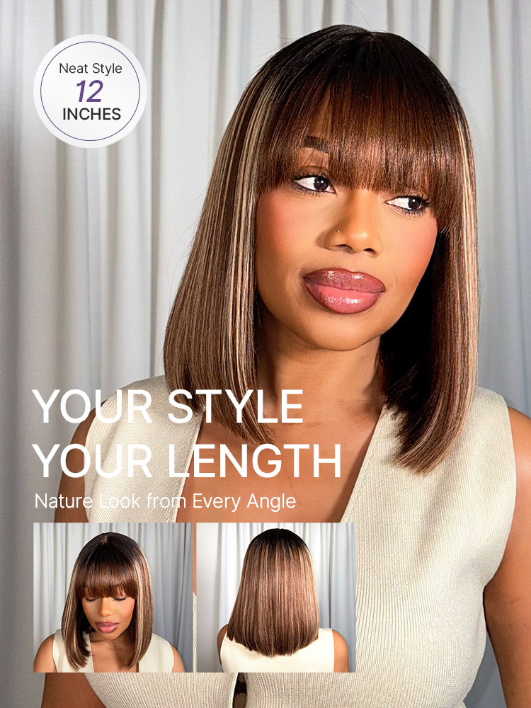 Beginner Friendly Honey Blonde Highlight Yaki Blunt Cut Bob Glueless Minimalist Lace Bob Wig with Bangs-19