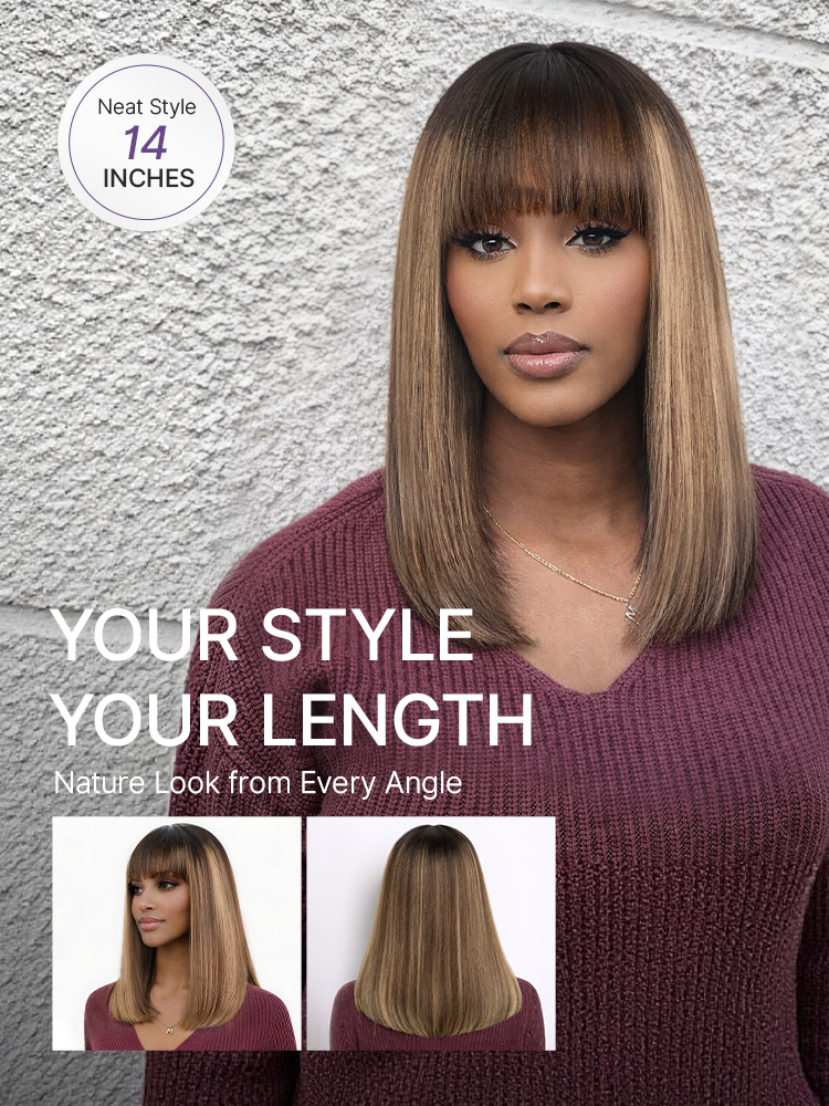 Beginner Friendly Honey Blonde Highlight Yaki Blunt Cut Bob Glueless Minimalist Lace Bob Wig with Bangs-20