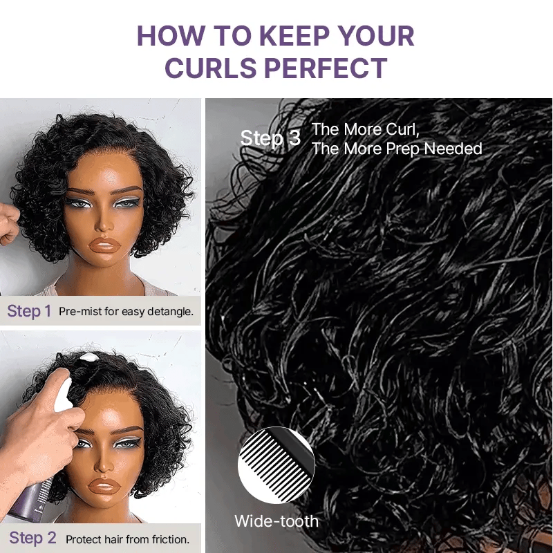 Luvme Hair water wave pixie cut wig with short curly style, glueless HD lace, minimalistic design, natural water wave texture
