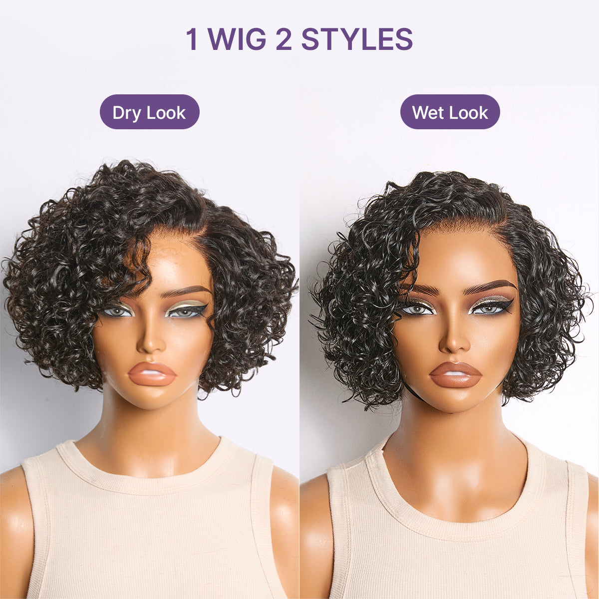 Luvme Hair water wave pixie cut short curly wig with HD lace, glueless, minimalist style, natural water wave texture.