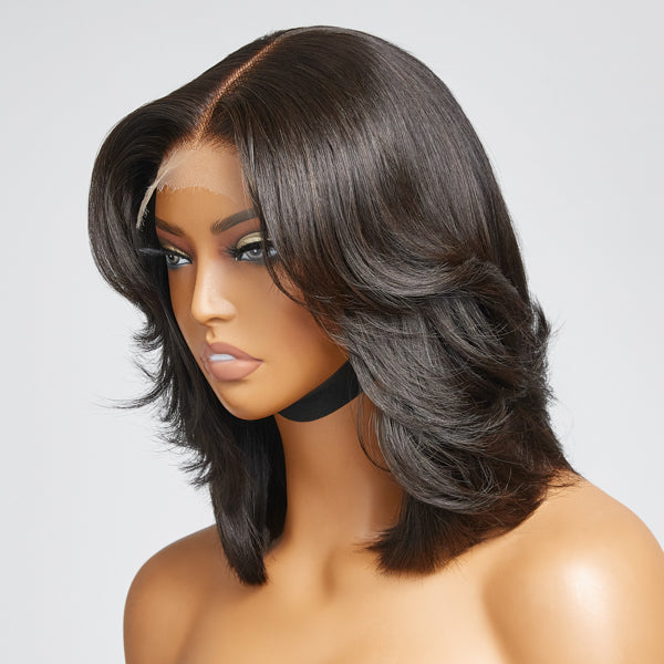 Natural Black Handcraft Layered 5x5 Closure HD Lace Glueless Short Wig | Large & Small Cap Size-04