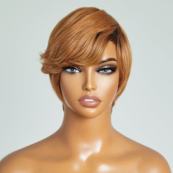 Mature Boss Vibe Honey Blonde Pixie Cut No Lace Short Glueless Wig With Bangs 100% Human Hair