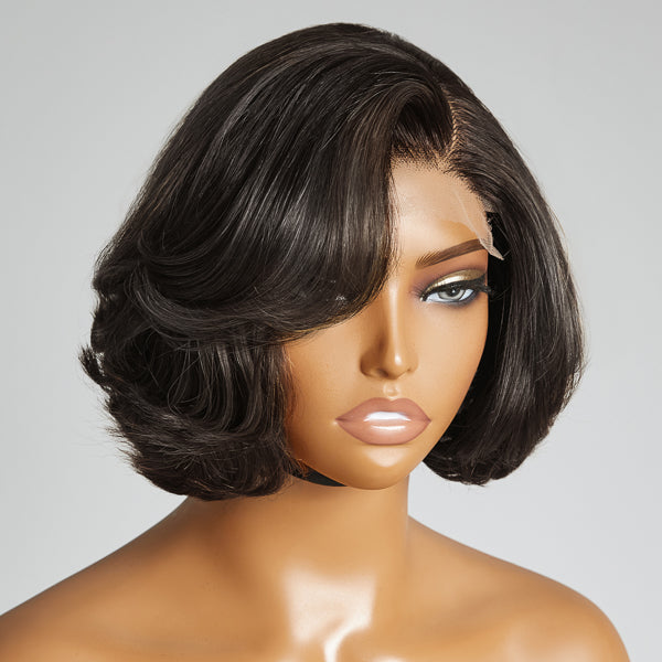 Luvme Toffee Brown Mix Blonde 4x4 closure lace glueless short wig with C part, 100% human hair, styled naturally.