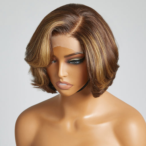 Luvme Toffee Brown Mix Blonde 4x4 closure lace wig with C-part, short style, 100% human hair, glueless, natural look.