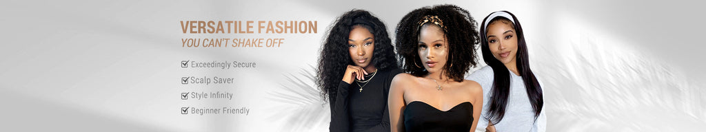three african american women wearing Luvme headband wigs of varying lengths and curls
