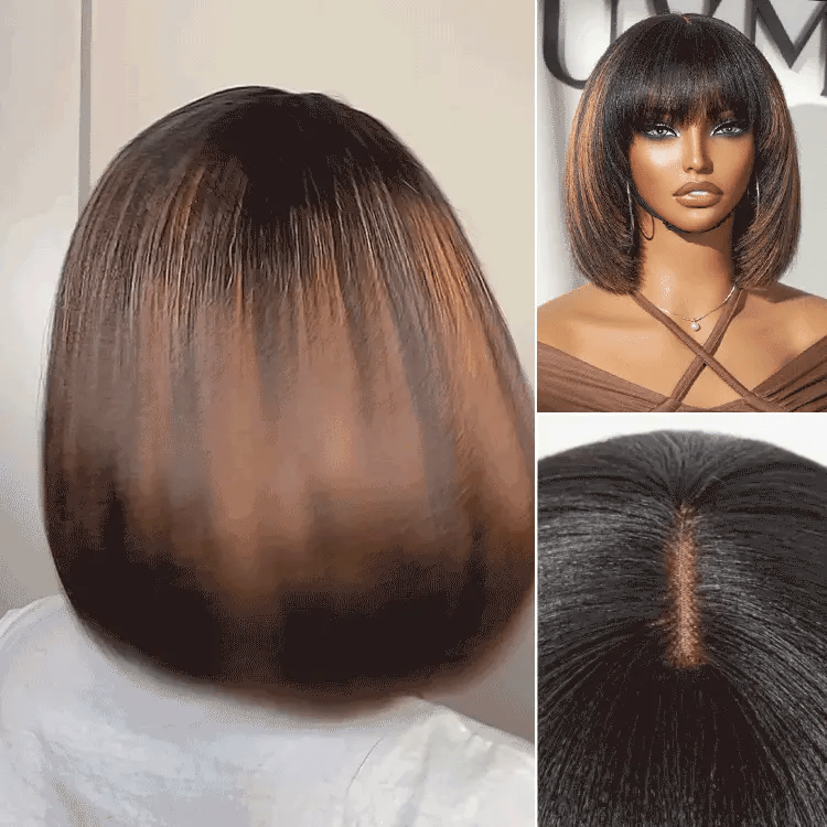 Luvme brown highlight layered Yaki straight minimalist lace bob wig with bangs