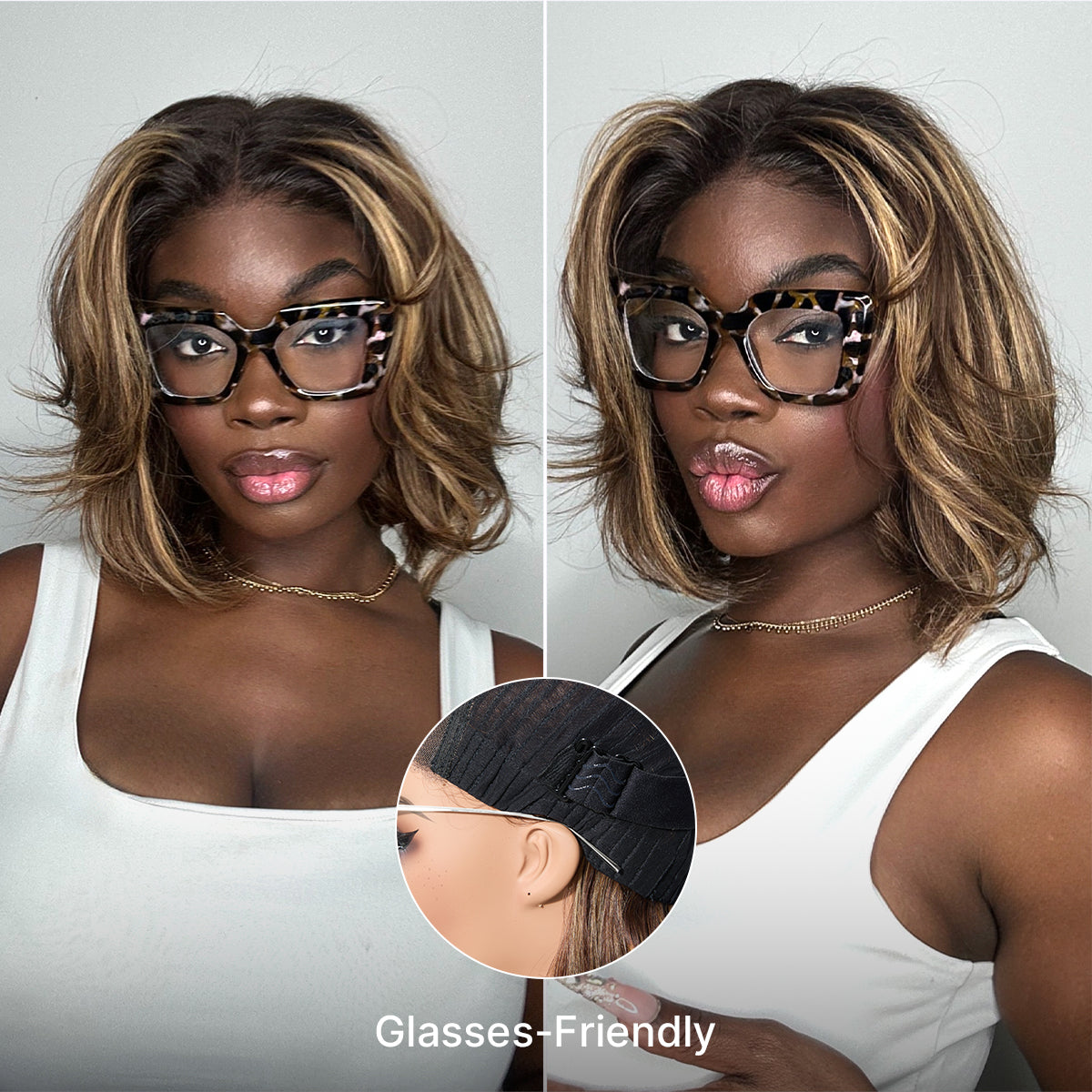 Blonde Highlight / Brown Highlight Short Layered Bob Wig Glueless 5x5 Closure Pre-Cut Lace Wig-34