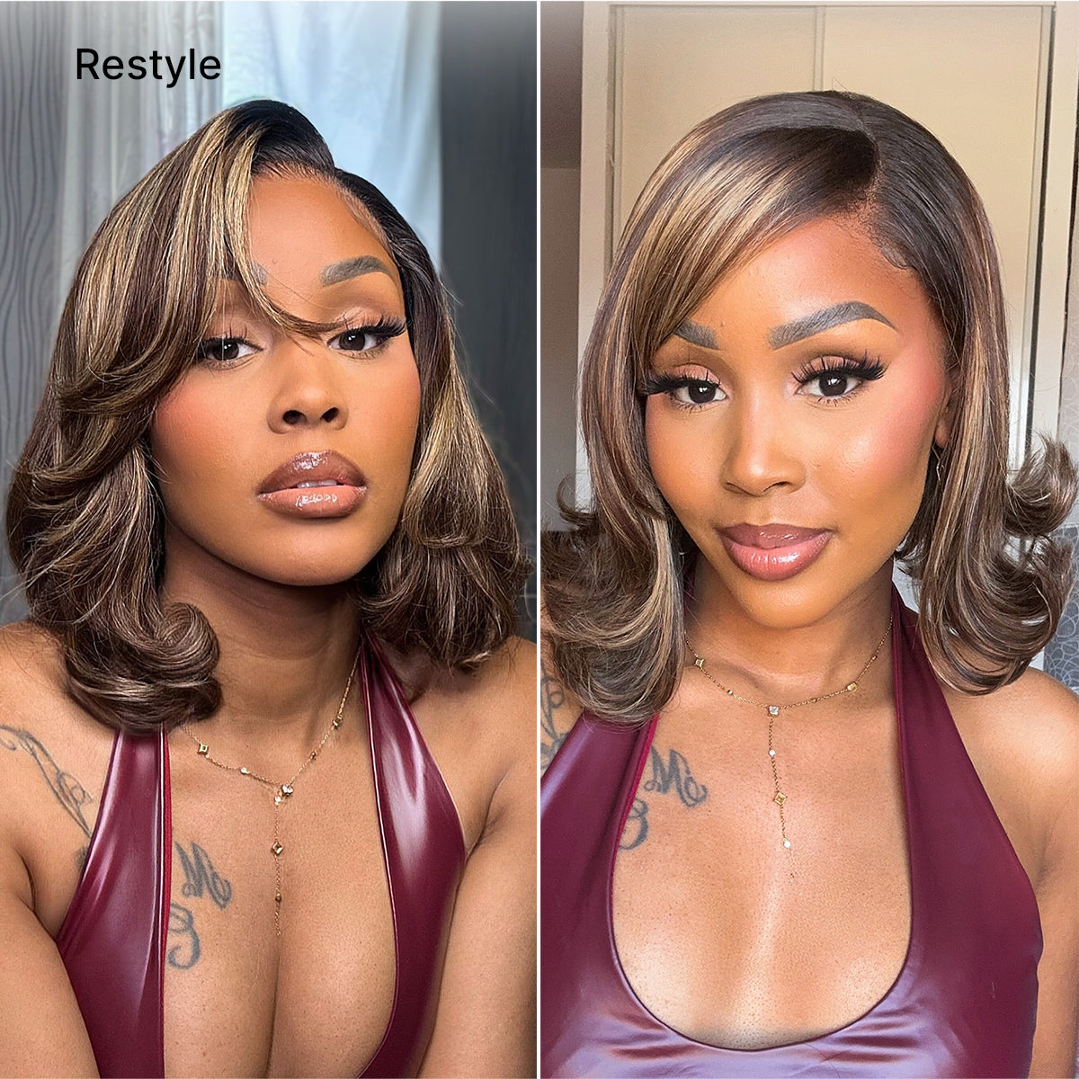 Blonde Highlight / Brown Highlight Short Layered Bob Wig Glueless 5x5 Closure Pre-Cut Lace Wig-33