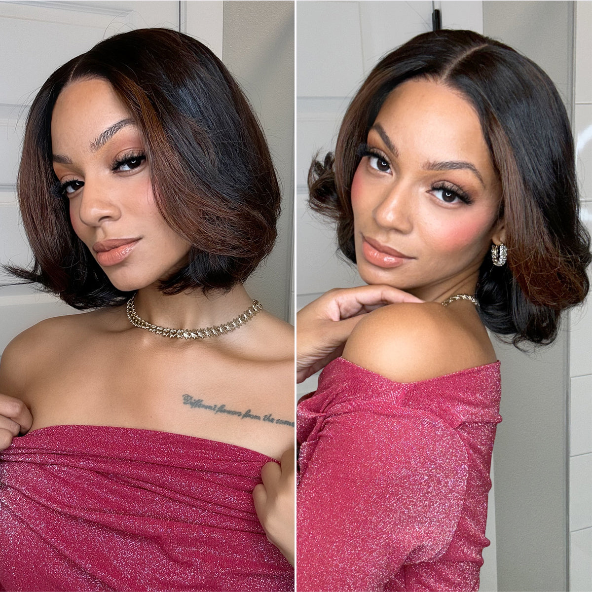 Blonde and brown highlight short layered bob wig with glueless 5x5 closure and pre-cut lace from Luvme Hair.