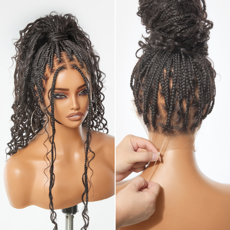 Readitress™ Light Weight Flexi-Fit Invisi Drawstring Cap Full Lace Knotless Boho Curls Braided Long Wig Super Natural Scalp-67