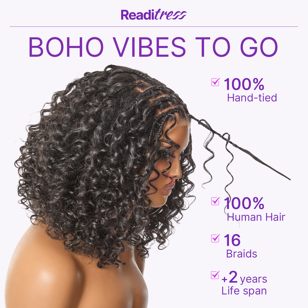 Luvme Hair Readitress™ Boho Curly Glueless 5x5 lace closure wig with braided top, deep curly human hair, pre-cut lace