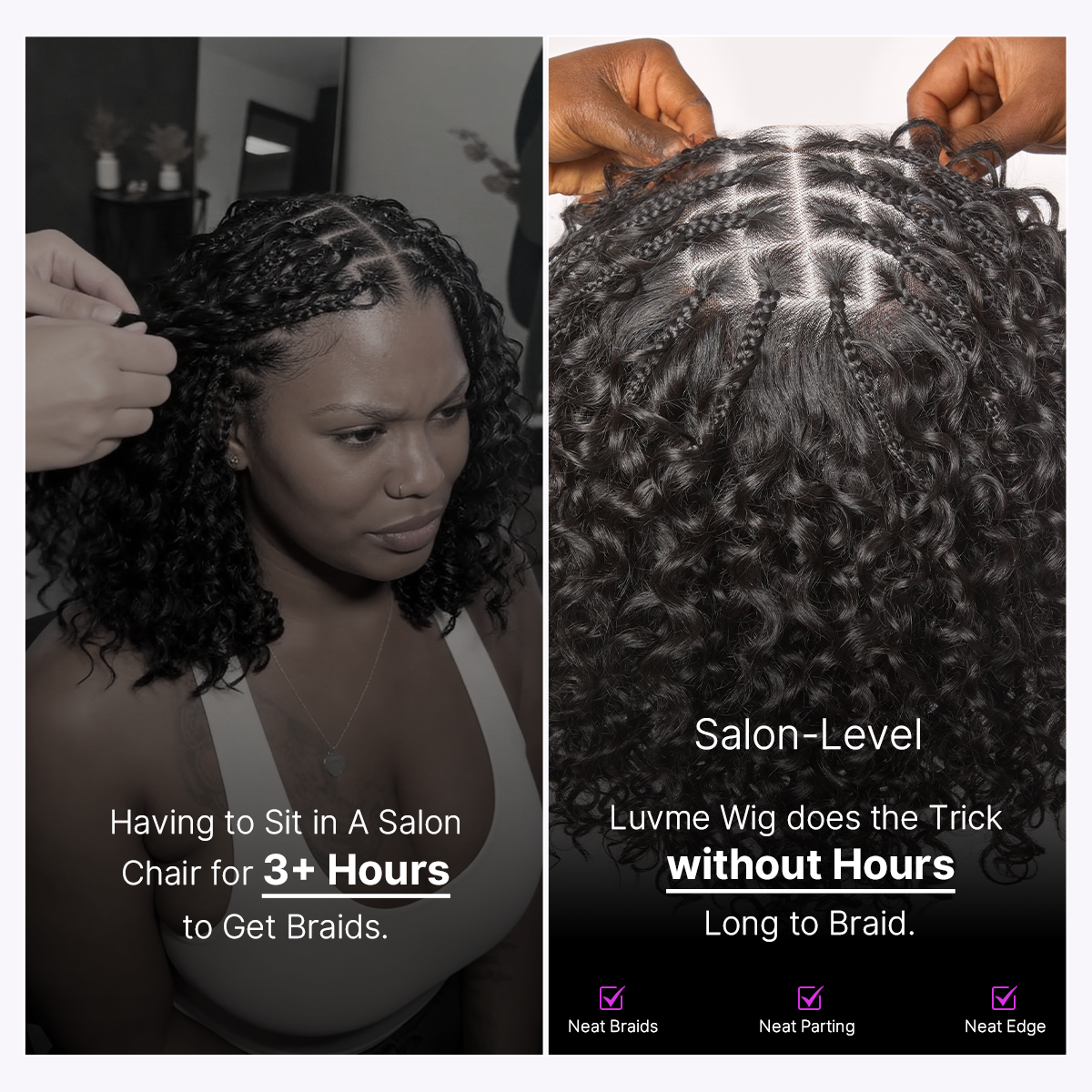 Luvme Hair Readitress™ Boho Braids deep curly glueless 5x5 lace closure wig with braided top, human hair, pre-cut lace.