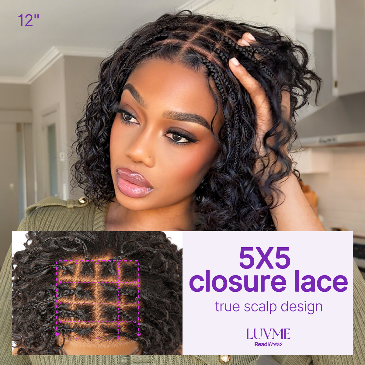 Luvme Hair Readitress Boho Braids deep curly human hair wig with 5x5 lace closure and braided top, pre-cut lace, glueless style