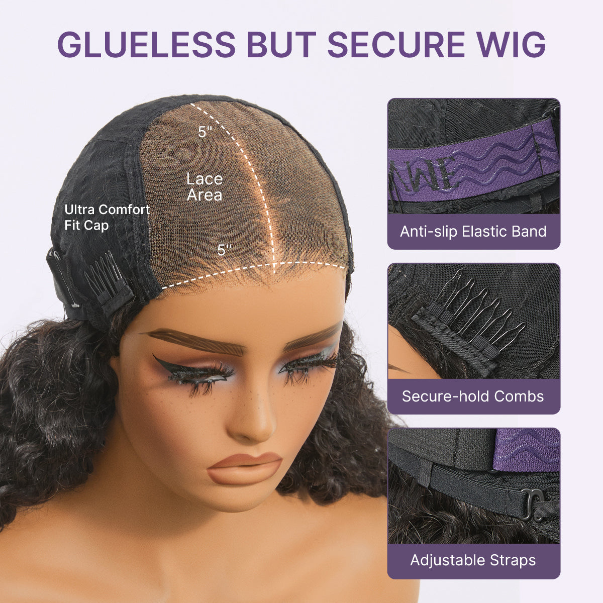 Luvme Hair 5x5 HD lace wig with Burmese curly hair, pre-cut lace, glueless design, featuring finger coil ends and high density.