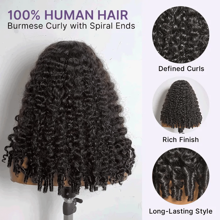 Luvme Hair Burmese curly lace front wig with 180% density, glueless 5x5 HD lace closure and finger coil ends.
