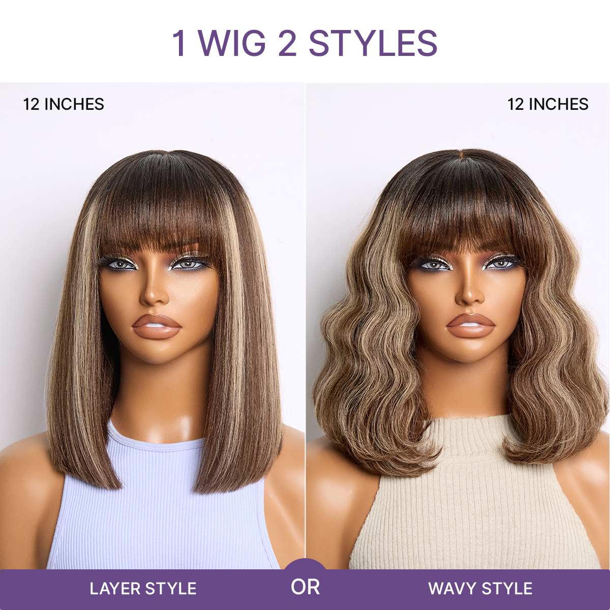 Luvme glueless Yaki straight bob lace wig with bangs, realistic 100% human hair, lightweight minimalist design, worn on a model.