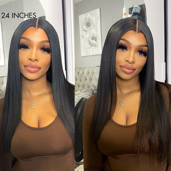 Luvme straight glueless 13x4 frontal lace long wig made of 100% human hair, showcasing the natural hairline and smooth texture.