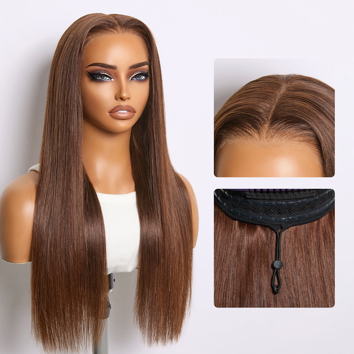 Rich Chocolate Brown Silky Straight 180% Density Glueless 13x4 Lace Frontal Wig Pre-Cut Lace Flexi-Fit Drawstring Cap-01