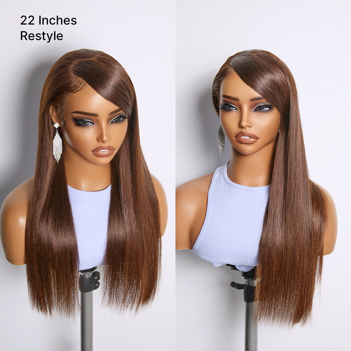 Rich Chocolate Brown Silky Straight 180% Density Glueless 13x4 Lace Frontal Wig Pre-Cut Lace Flexi-Fit Drawstring Cap-09