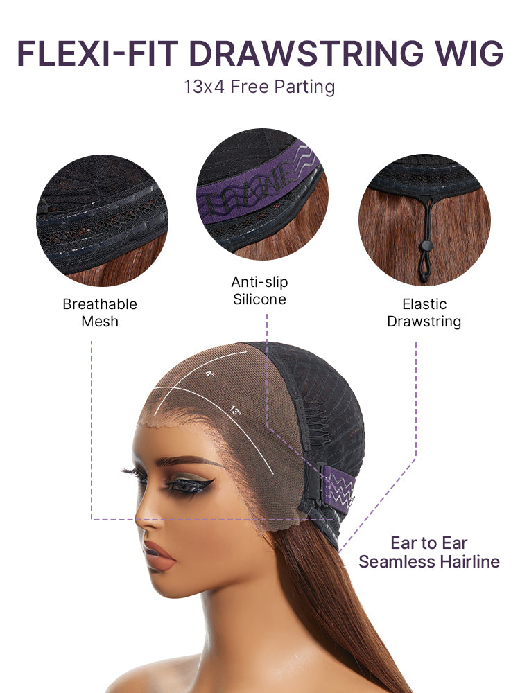 Rich Chocolate Brown Silky Straight 180% Density Glueless 13x4 Lace Frontal Wig Pre-Cut Lace Flexi-Fit Drawstring Cap-13