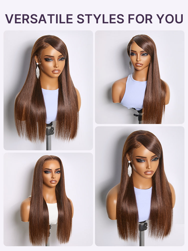 Rich Chocolate Brown Silky Straight 180% Density Glueless 13x4 Lace Frontal Wig Pre-Cut Lace Flexi-Fit Drawstring Cap-14