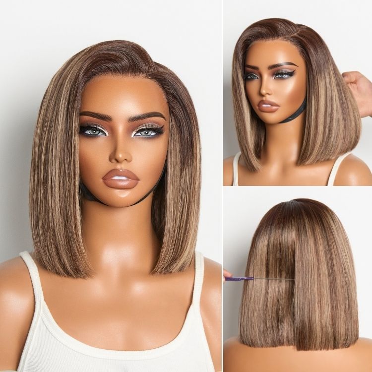 2 For $149.9 | 12 Inches Ash Blonde Highlights Minimalist HD Lace Bob Wig + 6 Inches Bouncy Curls with Bangs Glueless Wig-02