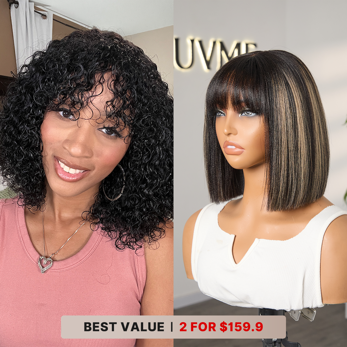 2 For $159.9 | 12 Inches Water Wave Minimalist Lace Curly Wig +10 Inches Blonde Highlight Yaki Straight Minimalist Lace Bob-01
