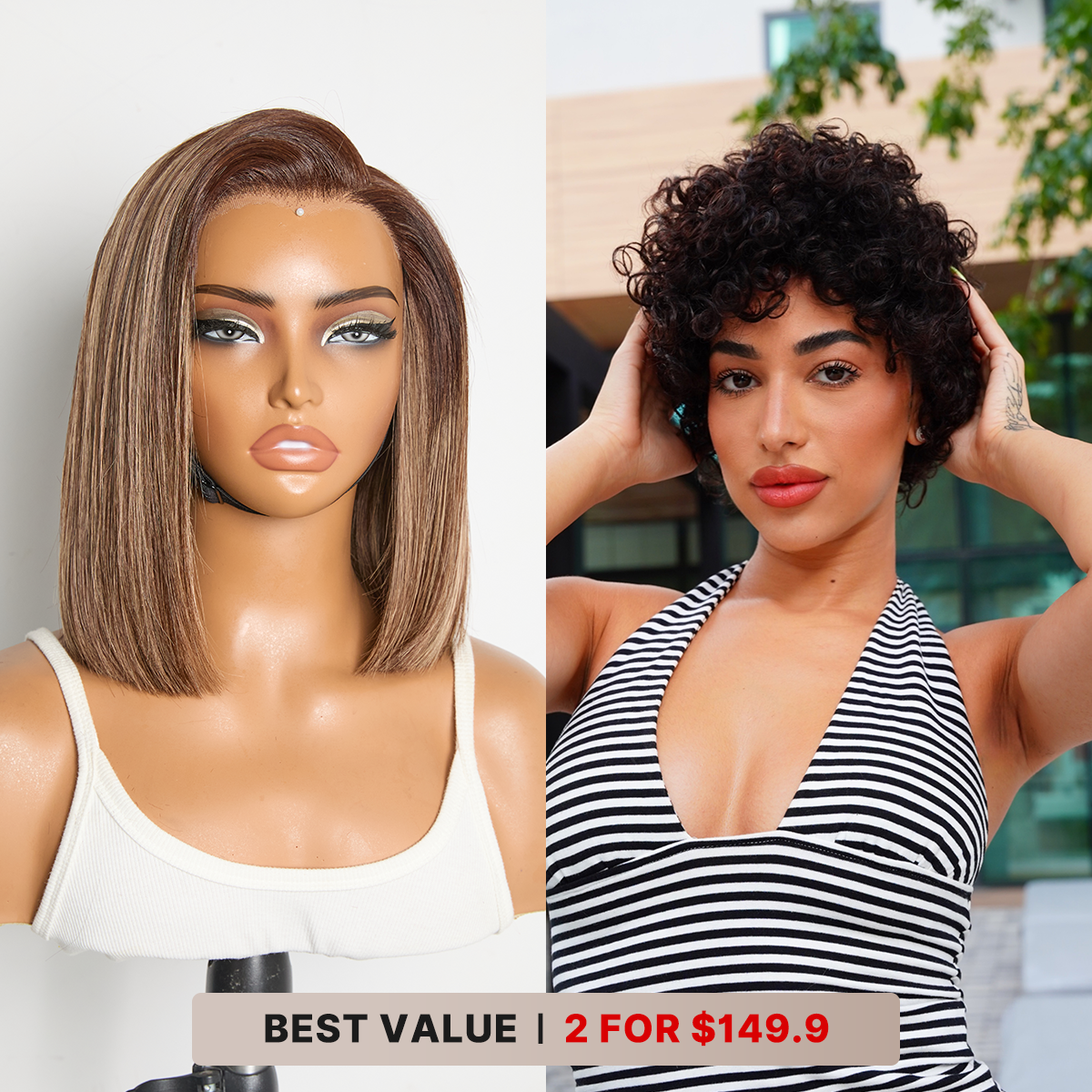 2 For $149.9 | 12 Inches Ash Blonde Highlights Minimalist HD Lace Bob Wig + 6 Inches Bouncy Curls with Bangs Glueless Wig-01