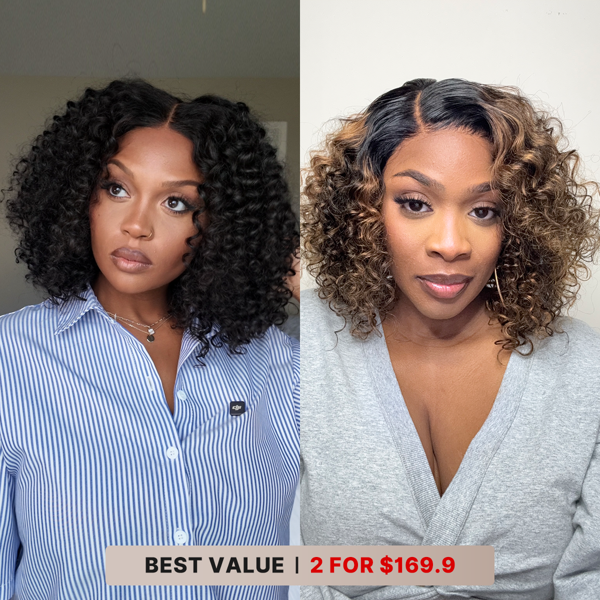2 For $169.9 | 12 Inches Brown Highlight Deep Wave Minimalist HD Lace Curly Wig+ 10 Inches Natural Black Deep Curly Glueless 5x5 Closure Wig-01