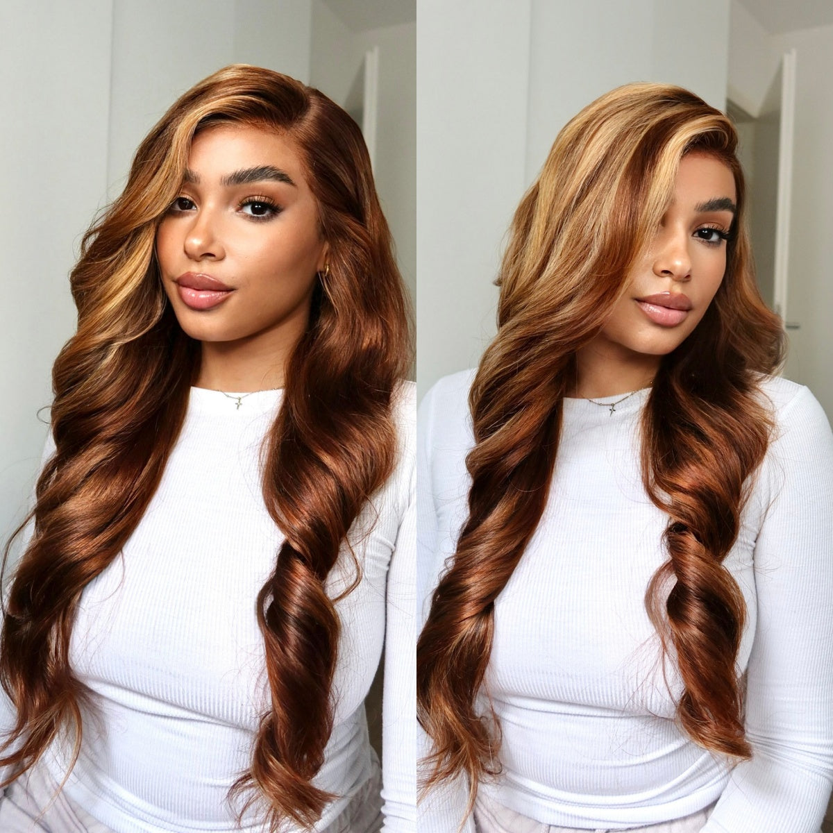 24 inches = $179.9 | Honey Blonde Highlight Bouncy Body Wave Glueless 13x4 Frontal Lace Human Hair Wig-11