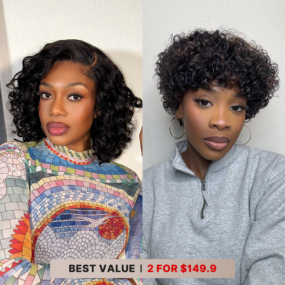 2 For $149.9 | 10 Inches Loose Wave Glueless Minimalist HD Lace Wig+ 6 Inches Brown Highlight Bouncy Curls Wig-06