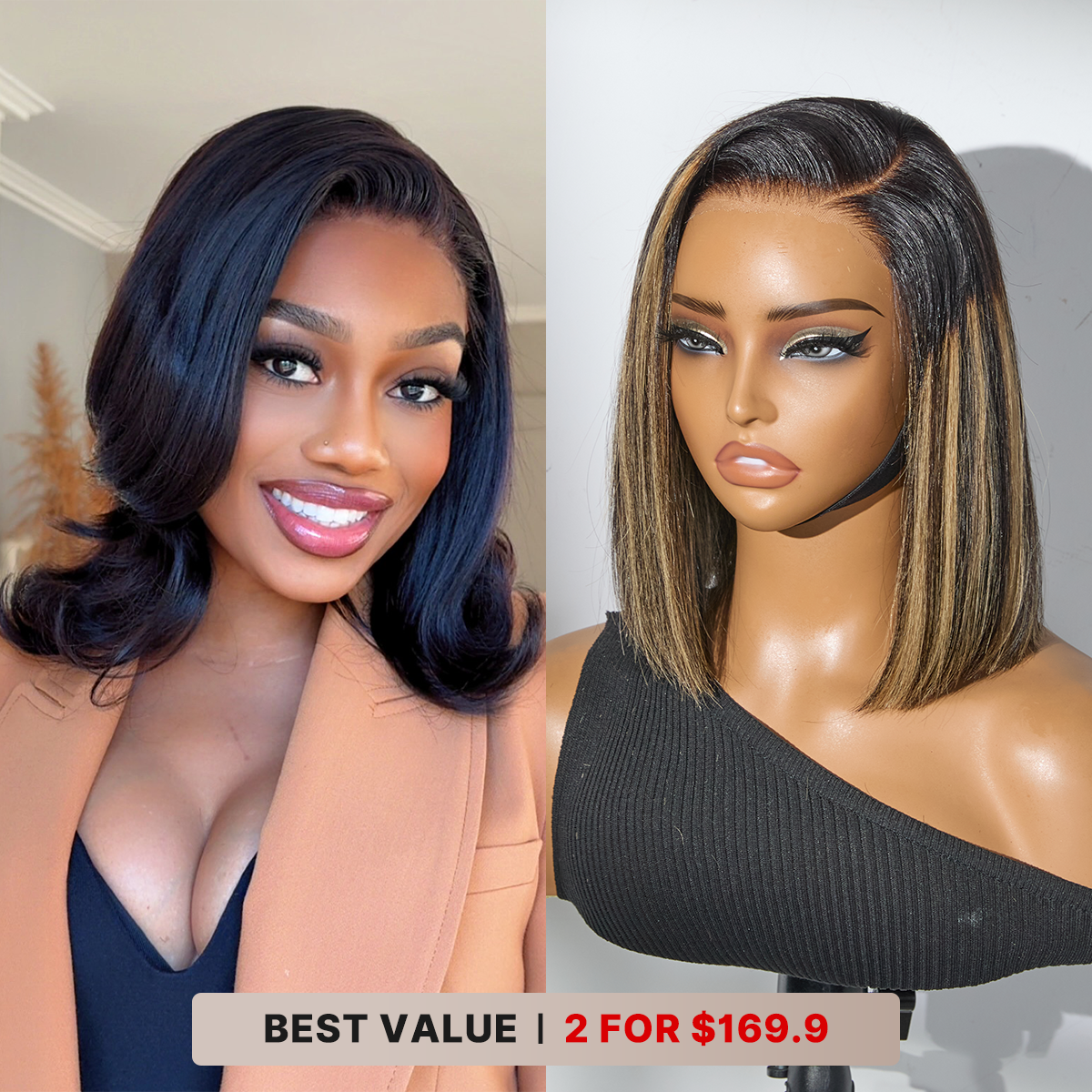 2 For $169.9 | 12 Inches Blonde Highlight Glueless Minimalist HD Lace Bob + 14 Inches Flip Ends Glueless 13x4 Frontal Lace Bob Cut Wig-08