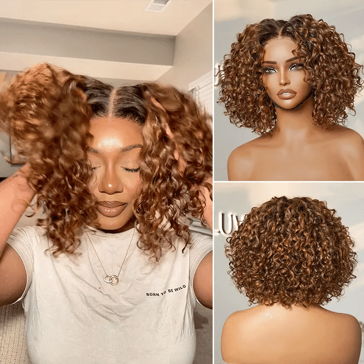 Luvme Hair Warm Caramel Brown and Natural Black deep curly glueless 5x5 lace closure wig on a mannequin head