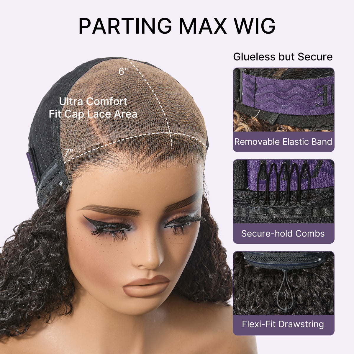 Luvme Hair kinky curly 7x6 HD lace wig with glueless closure, pre-cut lace, and flexible drawstring cap, 180% density.