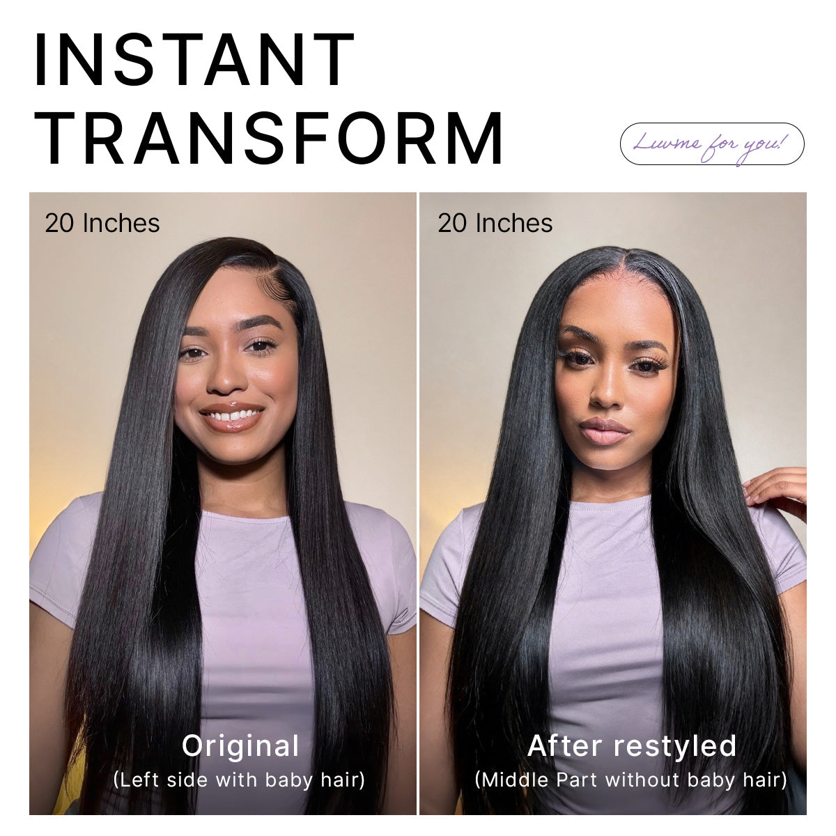 Luvme All-Day Comfort™ bone straight HD lace wig with baby hair, 180% density, 7x6 closure, pre-cut lace, glueless fit.