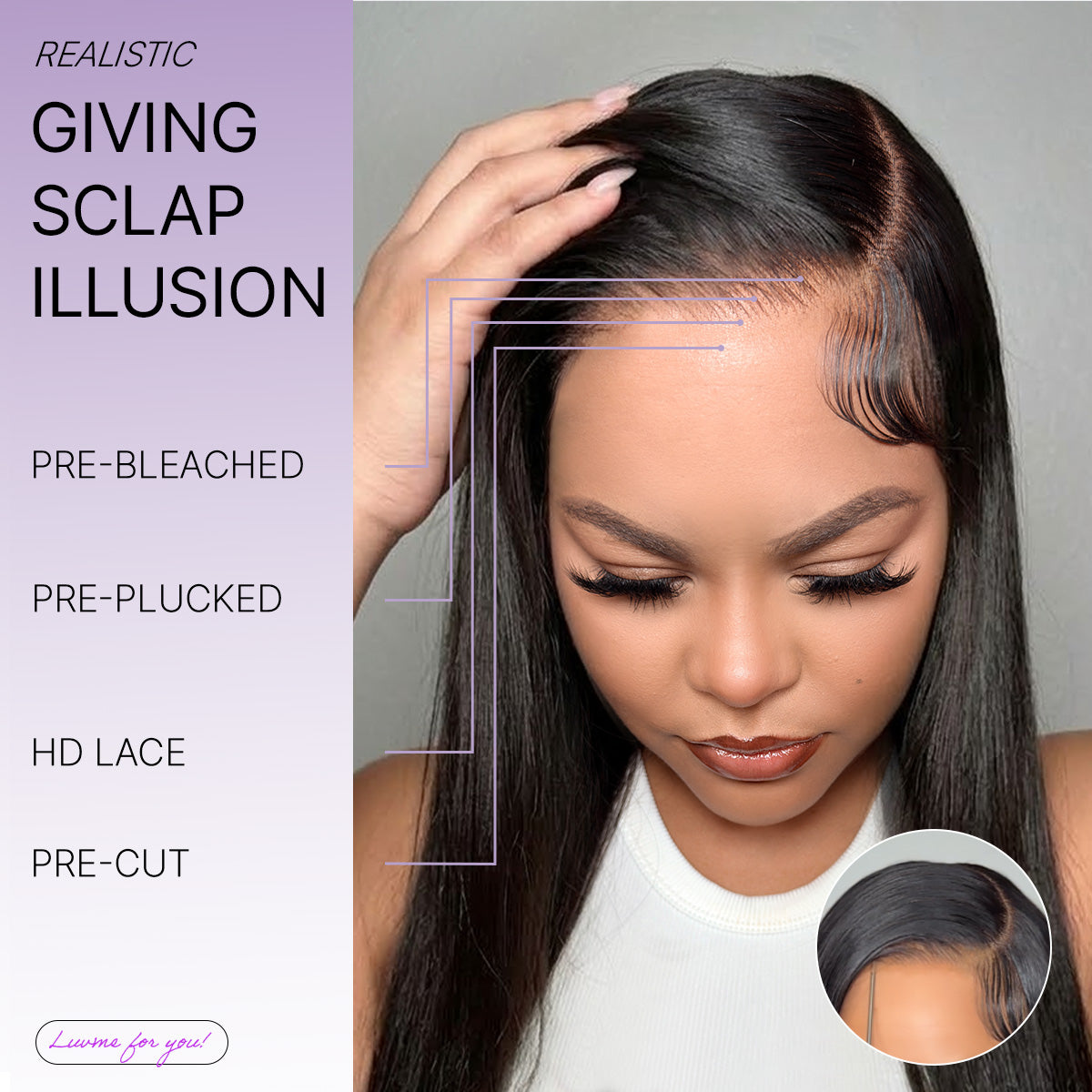 Luvme All-Day Comfort™ bone straight HD lace wig with baby hair, 180% density, 7x6 closure, pre-cut lace, glueless fit.