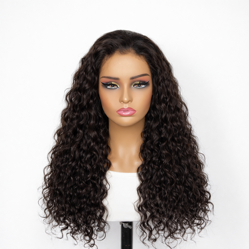 Luvme Hair long lace wig in 18 to 20 inches, one-piece style, natural black color, displayed on a mannequin head.