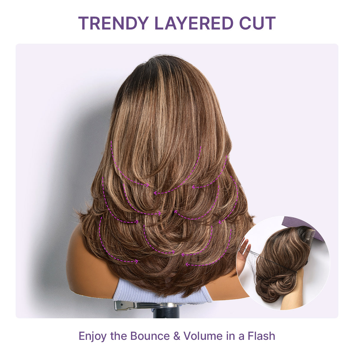 Caramel brown layered wavy lace wig by Luvme Hair, glueless HD minimalistic lace, pre-cut for a natural hairstyle.