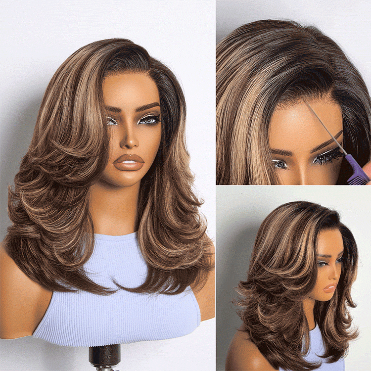 Caramel Brown Highlight Layered Haircut Wavy Glueless HD Minimalist Lace Wig Pre-Cut-01